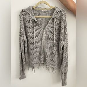 Elan Small Gray Fringe Trendy Sweater with Hood